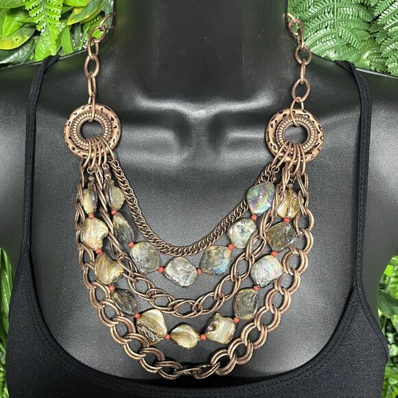 Necklace Women Fashion Copper Tone Layered MultiStrand Rock Charm Statement 2129 - Picture 6 of 8